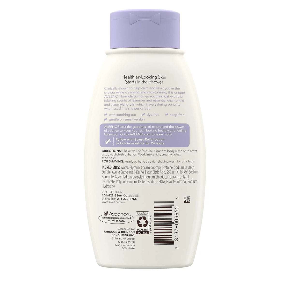 Aveeno Stress Relief Body Wash with Soothing Oat, Lavender, Chamomile & Ylang-Ylang Essential Oils, Dye- & Soap-Free Calming Body Wash for Shower Gentle on Sensitive Skin, 12 fl. oz