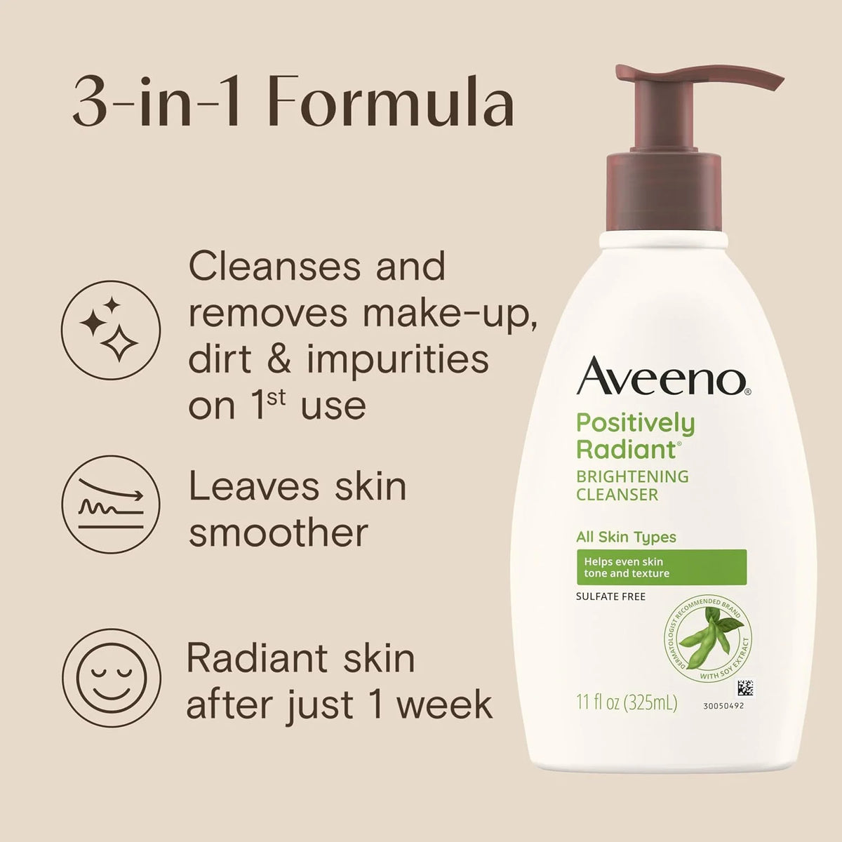 Aveeno Positively Radiant Brightening Facial Cleanser with Moisture Rich Soy Extract, Helps Even Skin Tone & Texture While Gently Lifting Away Dirt, Oil & Makeup, Sulfate-Free, 11 fl. oz (Pack of 2)