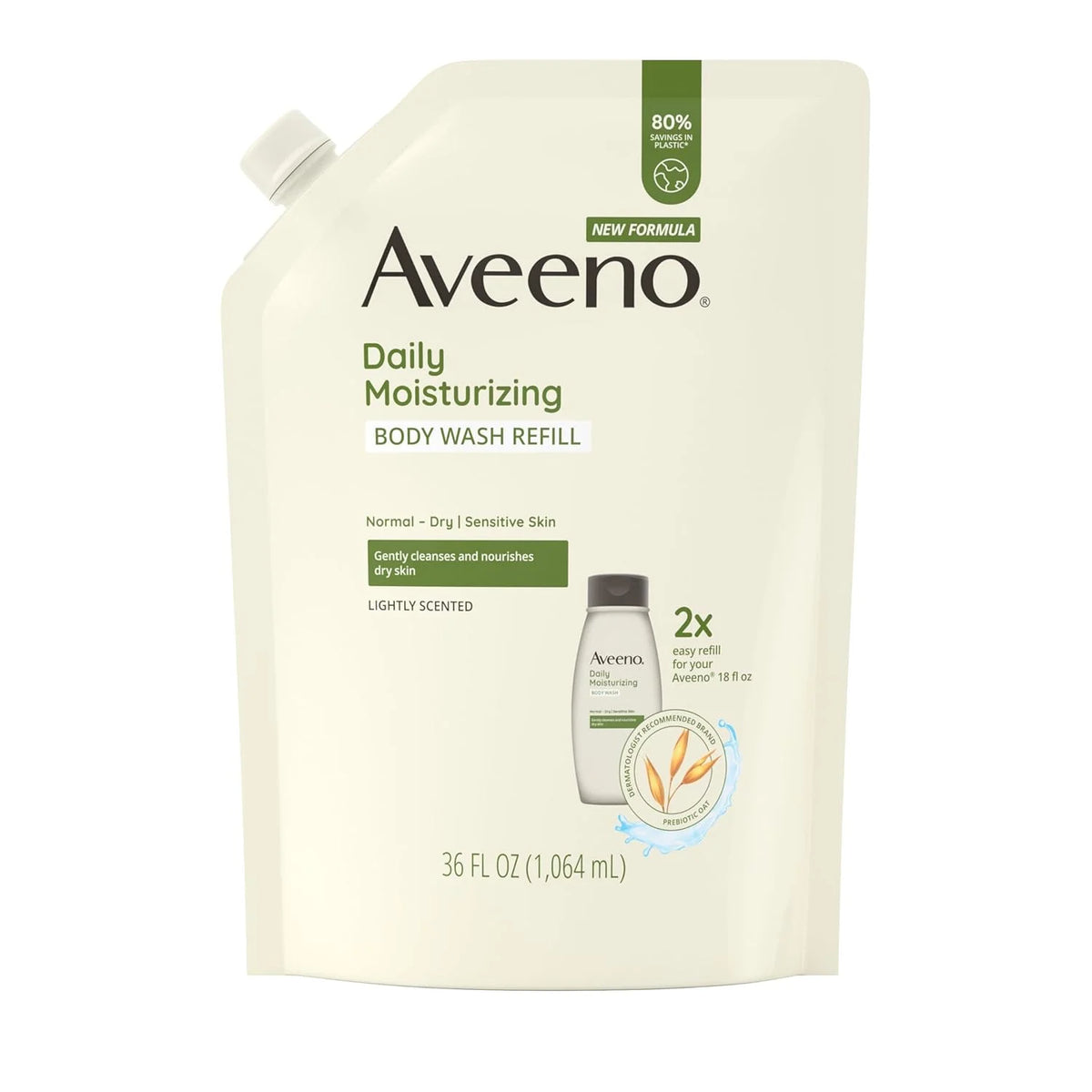 Aveeno Daily Moisturizing Body Wash for Sensitive Skin + Prebiotic Oat, Gently Cleanses, Nourishes & Feels Moisturizing Dry Skin, Light Fragrance, Refill Pouch, 36 fl. oz (Pack of 3)