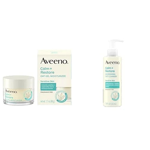Bundle of Aveeno Calm + Restore Oat Gel Facial Moisturizer for Sensitive Skin, Fragrance-Free & Hypoallergenic, 1.7 oz + Aveeno Calm + Restore Nourishing Oat Cleanser, Fragrance-Free 7.8 fl oz