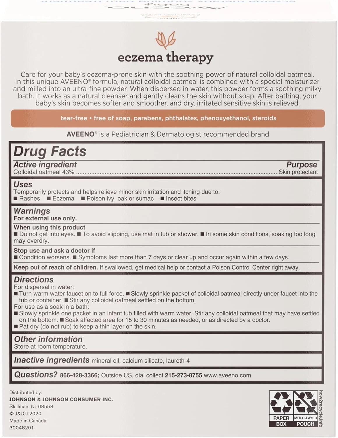 Aveeno Baby Eczema Therapy Bath Treatment for Relief of Dry, Itchy and Irritated Skin, Made with Soothing Natural Colloidal Oatmeal, Unscented, 3.75 Oz, 5 Count, Pack of 2
