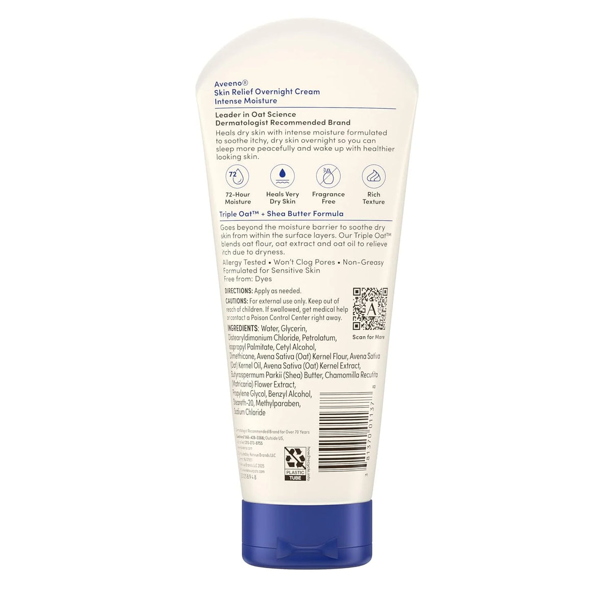 Aveeno Skin Relief Overnight Intense Moisture Cream with Triple Oat Complex & Natural Shea Butter, Therapeutic Dimethicone Skin Protectant for Dry Itchy Skin Relief, Fragrance- & Steroid-Free, 7.3 oz