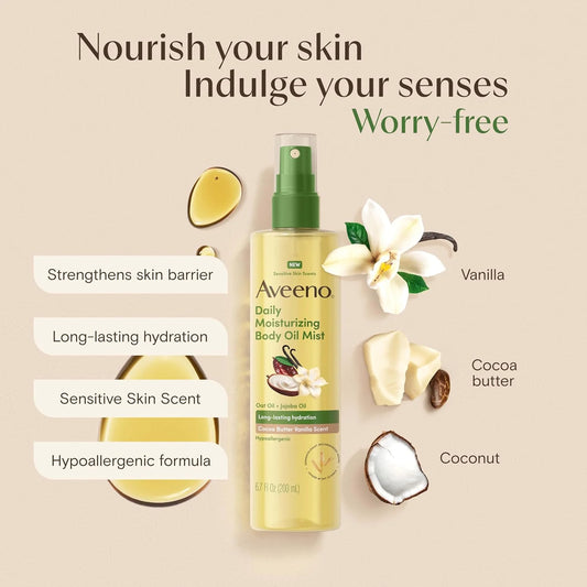 Aveeno Daily Moisturizing Body Oil Mist, Cocoa Butter Vanilla Scent, 6.7 fl. oz (Pack of 12)