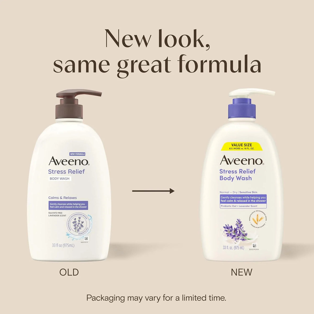 Aveeno Stress Relief Body Wash for Women, Calming Lavender Scent & Prebiotic Oat, Cleanser for Sensitive Dry Skin, Paraben, Dye & Soap-Free, 33 Fl Oz (Pack of 6)