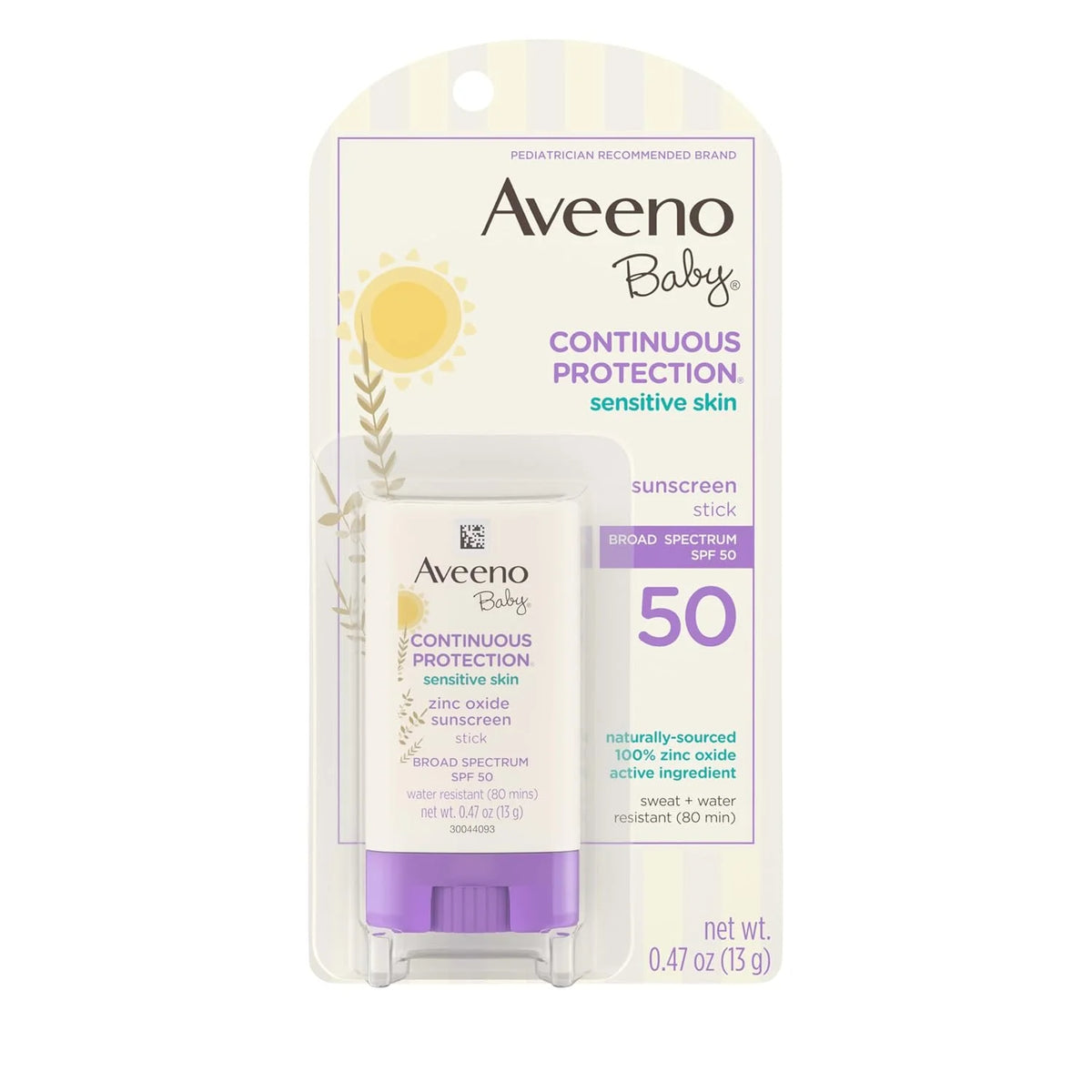 Aveeno Baby Continuous Protection Mineral Sunscreen Stick for Sensitive Skin w/Broad Spectrum SPF 50 Protection for Face&Body, Naturally Sourced 100% Zinc Oxide, Travel Size, 0.47 Ounce (Pack of 12)