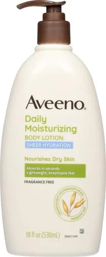 Aveeno Sheer Hydration Fragrance-Free Daily Moisturizing Lotion with Prebiotic Oat for Dry Skin, Lightweight, Fast-Absorbing Body Moisturizer Nourishes Skin with 48-hour Moisture, 18 fl oz (Pack of 2)