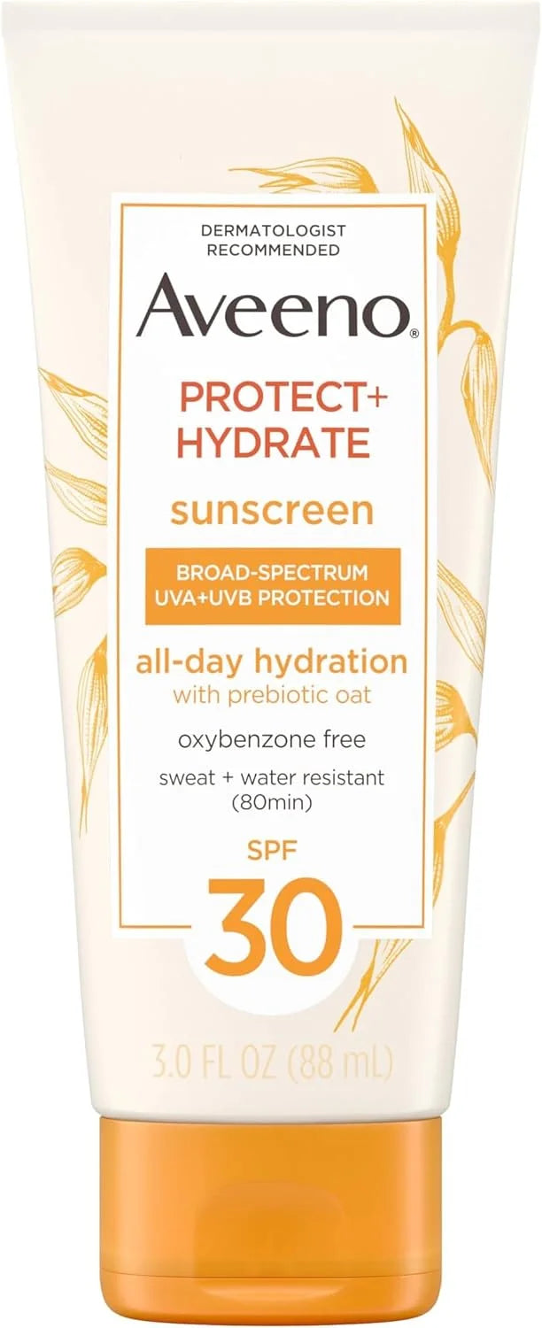 Aveeno Protect + Hydrate Sunscreen Moisturizing Lotion with Prebiotic Oat,Broad Spectrum SPF60,Paraben,& Oil Free,Weightless,Water & Sweat Resistant (80-min) for Sensitive Skin,12 Fl Oz,(Pack of 2)
