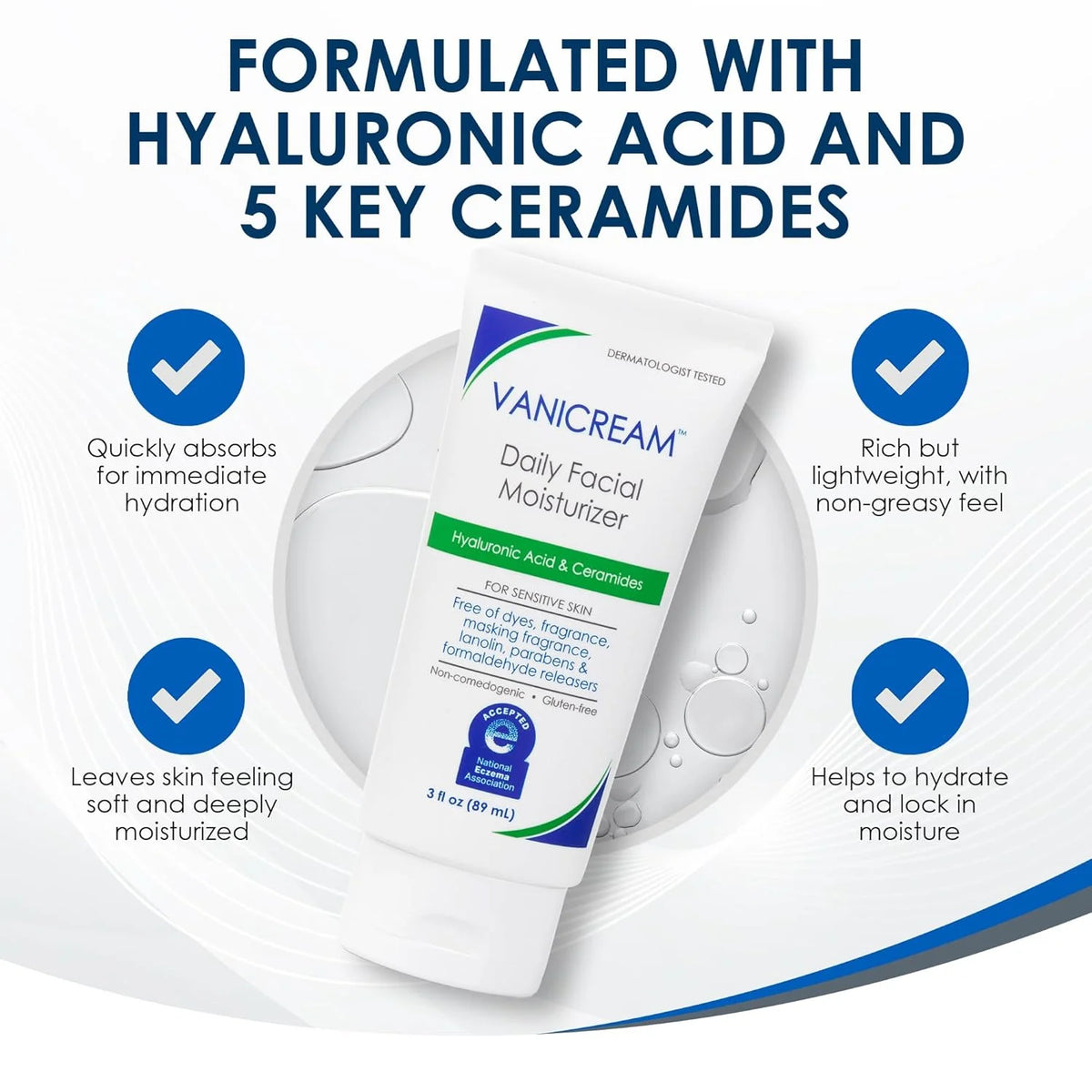Vanicream Daily Facial Moisturizer With Ceramides and Hyaluronic Acid - Formulated Without Common Irritants for Those with Sensitive Skin, 3 fl oz (Pack of 4)