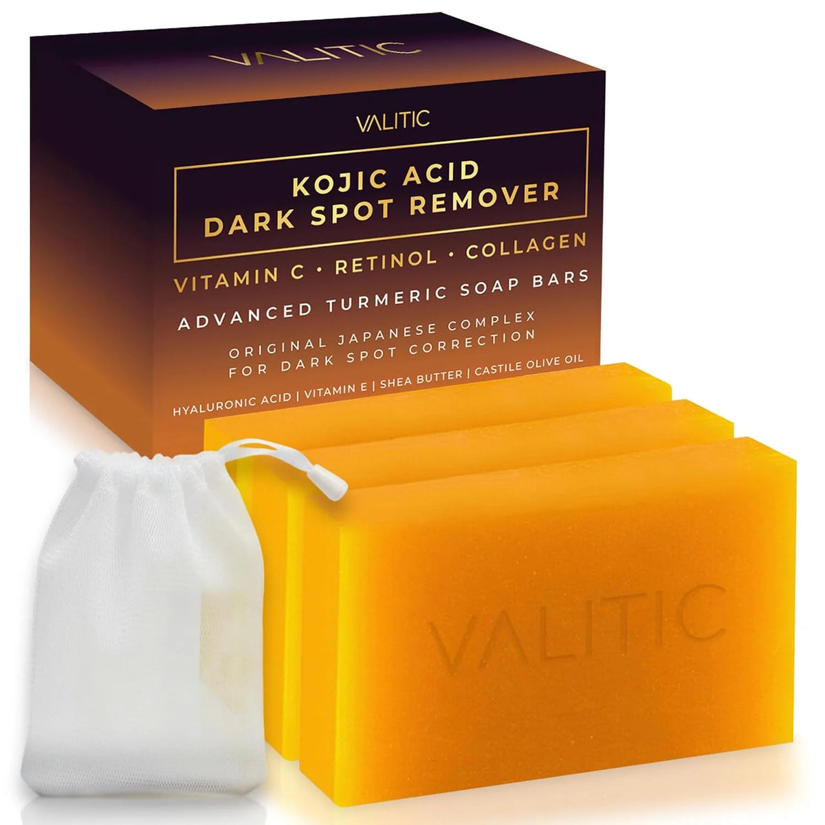 VALITIC Kojic Acid Dark Spot Remover Soap Bars, Turmeric Bar Soaps 4 Pack