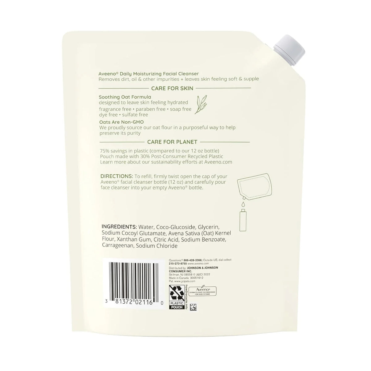 Aveeno Daily Moisturizing Facial Cleanser with Soothing Non-GMO Oat, Leaves Skin Feeling Hydrated, Soft & Supple, Paraben-, Sulfate-, Fragrance-, Dye- & Soap-Free, Refill Pouch, 16 fl. oz (Pack of 3)