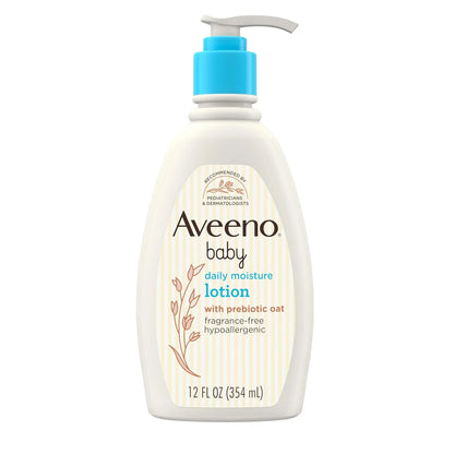 Aveeno Baby Daily Moisture Body Lotion for Sensitive Skin, Hypoallergenic Moisturizing Baby Lotion with Nourishing Oatmeal to Deeply Moisturize Baby's Skin, Fragrance-Free, 12 Fl Oz (Pack of 12)
