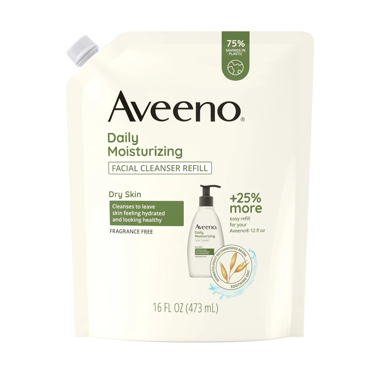 Aveeno Daily Moisturizing Facial Cleanser with Soothing Non-GMO Oat, Leaves Skin Feeling Hydrated, Soft & Supple, Paraben-, Sulfate-, Fragrance-, Dye- & Soap-Free, Refill Pouch, 16 fl. oz (Pack of 3)