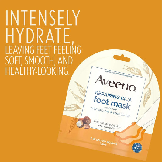 Aveeno Repairing CICA Foot Mask with Prebiotic Oat and Shea Butter, Moisturizing Foot Mask for Extra Dry Skin, 6 Pairs of Single-Use Slippers