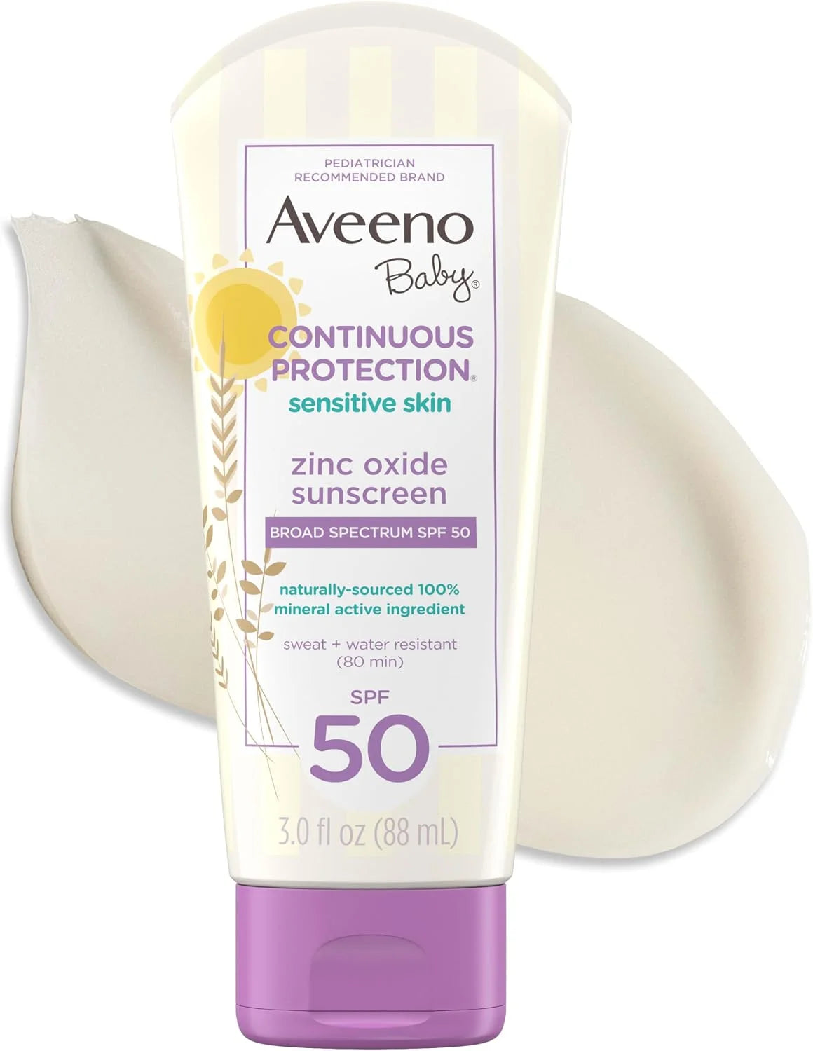 Aveeno Baby Continuous Protection Zinc Oxide Mineral Sunscreen Lotion for Sensitive Skin,Broad Spectrum SPF 50,Tear-Free,Sweat- & Water-Resistant,Paraben-Free,Travel-Size,3 fl. oz,(Pack of 2)