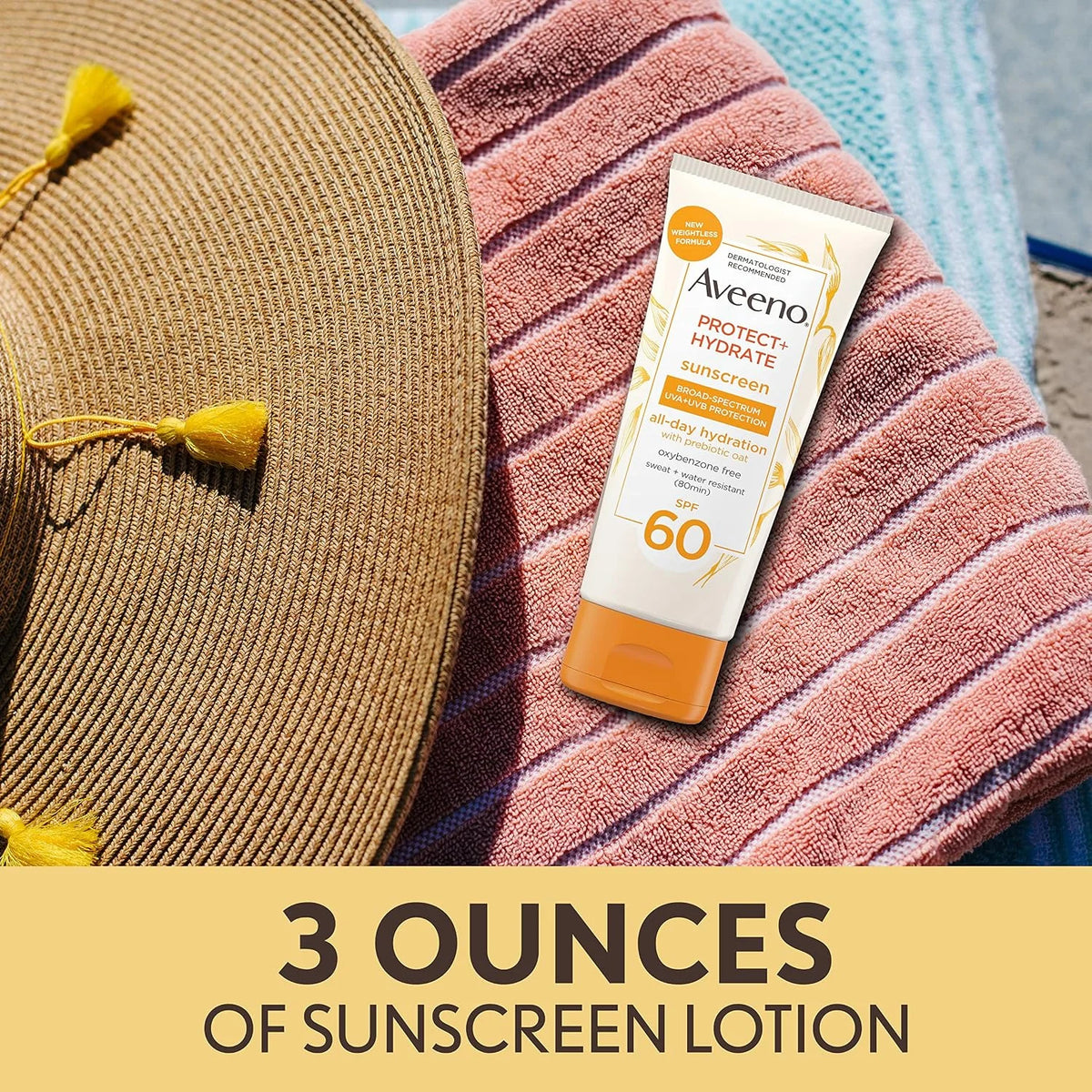 Aveeno Protect + Hydrate Sunscreen Moisturizing Lotion with Prebiotic Oat,Broad Spectrum SPF60,Paraben,& Oil Free,Weightless,Water & Sweat Resistant (80-min) for Sensitive Skin,12 Fl Oz,(Pack of 2)