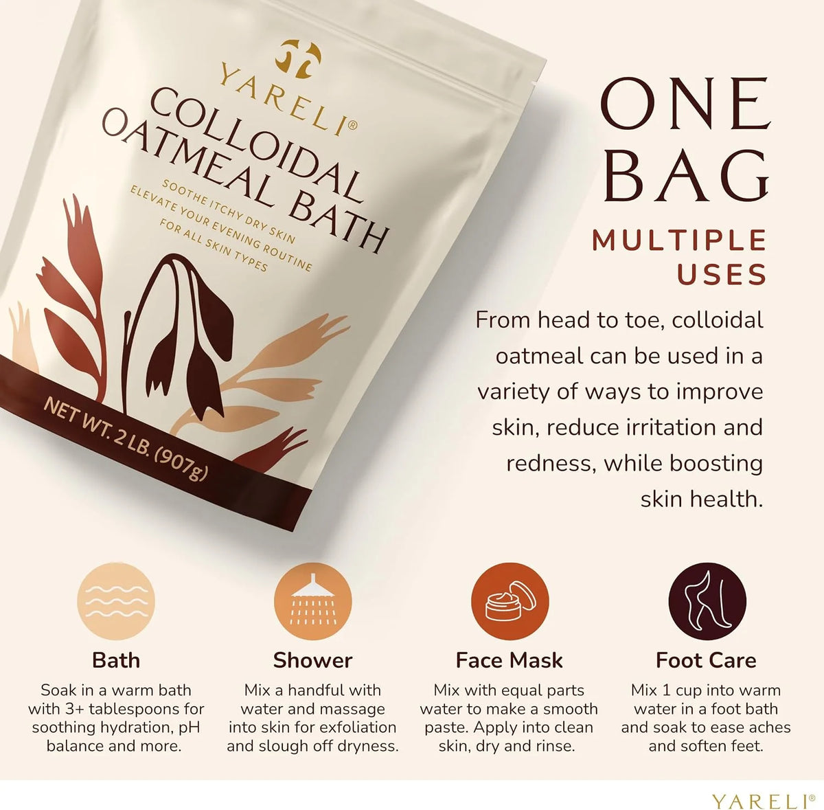 Yareli Colloidal Oatmeal, 2lb (32oz), Bath Powder for Dry Skin for All Ages