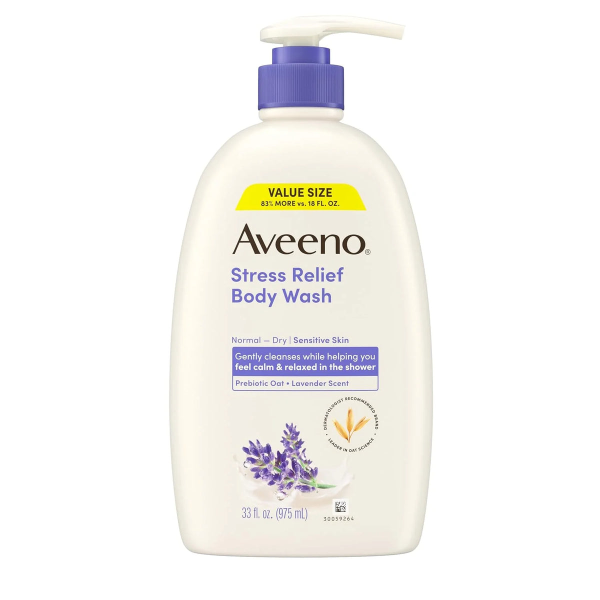 Aveeno Stress Relief Body Wash for Women, Calming Lavender Scent & Prebiotic Oat, Cleanser for Sensitive Dry Skin, Paraben, Dye & Soap-Free, 33 Fl Oz (Pack of 6)