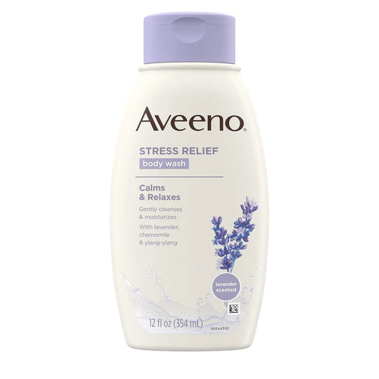 Aveeno Stress Relief Body Wash with Soothing Oat, Lavender, Chamomile & Ylang-Ylang Essential Oils, Dye- & Soap-Free Calming Body Wash for Shower Gentle on Sensitive Skin, 12 fl. oz