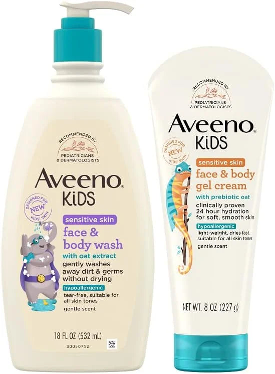 Aveeno Kids Sensitive Skin Face & Body Wash With Oat Extract, 18 fl. Oz with Aveeno Sensitive Skin Face & Body Gel Cream for Kids with Prebiotic Oat, 8 oz