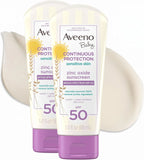 Aveeno Baby Continuous Protection Zinc Oxide Mineral Sunscreen Lotion for Sensitive Skin,Broad Spectrum SPF 50,Tear-Free,Sweat- & Water-Resistant,Paraben-Free,Travel-Size,3 fl. oz,(Pack of 2)
