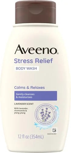 Aveeno Stress Relief Body Wash with Soothing Oat, Lavender, Chamomile & Ylang-Ylang Essential Oils, Dye- & Soap-Free Calming Body Wash for Shower Gentle on Sensitive Skin, 12 fl. oz