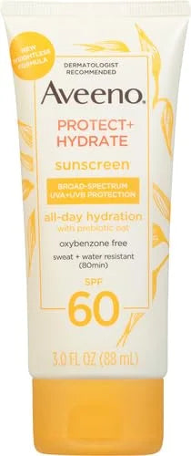 Aveeno Protect + Hydrate Sunscreen Moisturizing Lotion with Prebiotic Oat,Broad Spectrum SPF60,Paraben,& Oil Free,Weightless,Water & Sweat Resistant (80-min) for Sensitive Skin,12 Fl Oz,(Pack of 2)