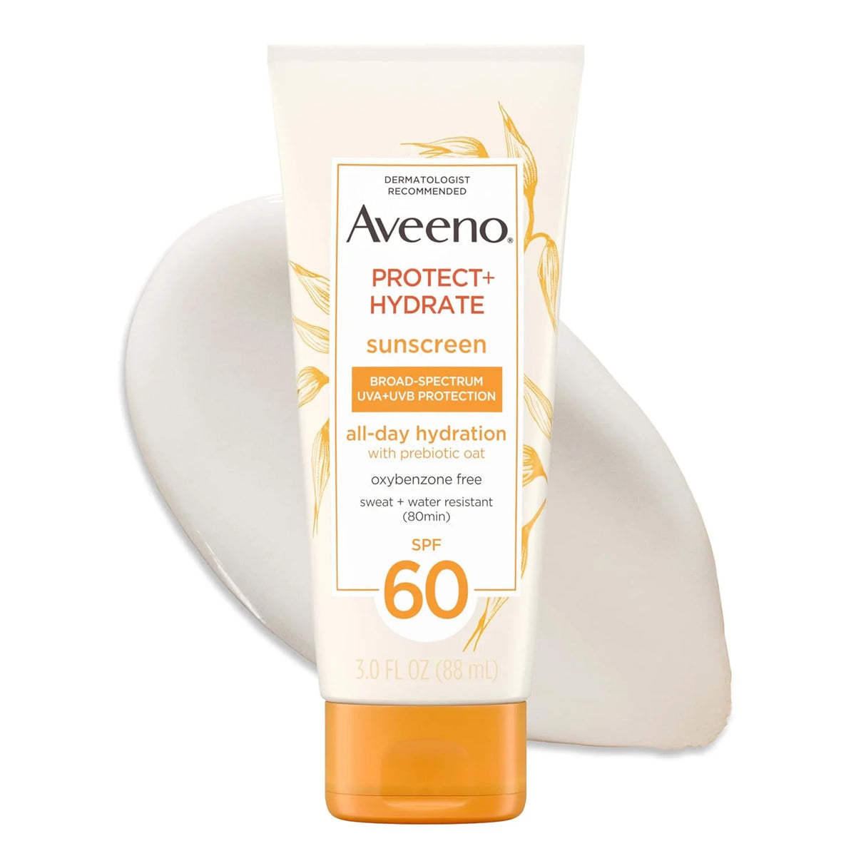 Aveeno Protect + Hydrate Sunscreen Moisturizing Lotion with Prebiotic Oat,Broad Spectrum SPF60,Paraben,& Oil Free,Weightless,Water & Sweat Resistant (80-min) for Sensitive Skin,12 Fl Oz,(Pack of 2)