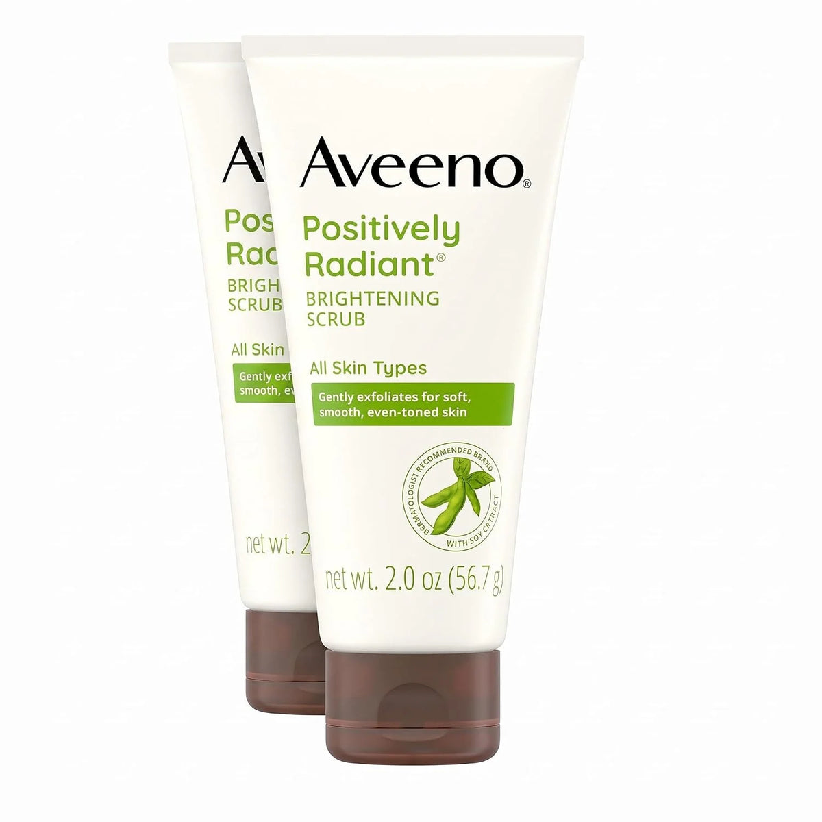 Aveeno Positively Radiant Skin Brightening Exfoliating Daily Facial Scrub, Moisture-Rich Soy Extract, helps improve skin tone & texture, Oil-& Soap-Free, Hypoallergenic, Travel Size, 2 oz, (Pack of 2)