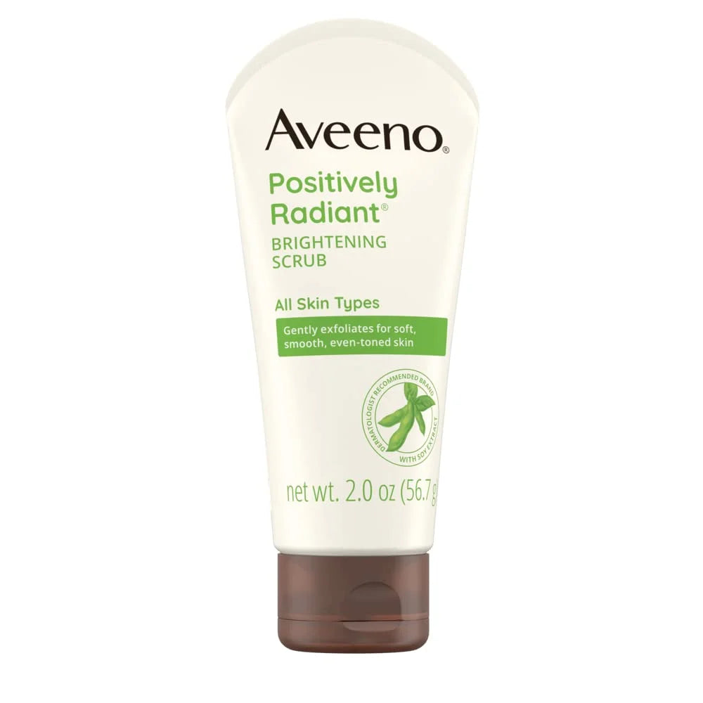 Aveeno Positively Radiant Skin Brightening Exfoliating Daily Facial Scrub, Moisture-Rich Soy Extract, helps improve skin tone & texture, Oil-& Soap-Free, Hypoallergenic, Travel Size, 2 oz, (Pack of 2)