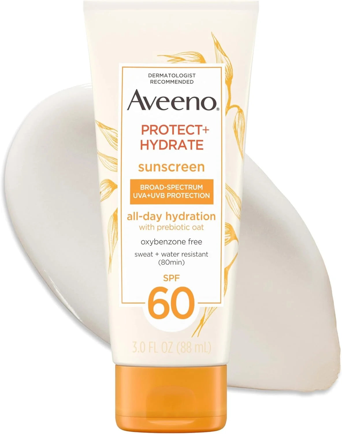 Aveeno Protect + Hydrate Sunscreen Moisturizing Lotion with Prebiotic Oat,Broad Spectrum SPF60,Paraben,& Oil Free,Weightless,Water & Sweat Resistant (80-min) for Sensitive Skin,12 Fl Oz,(Pack of 2)