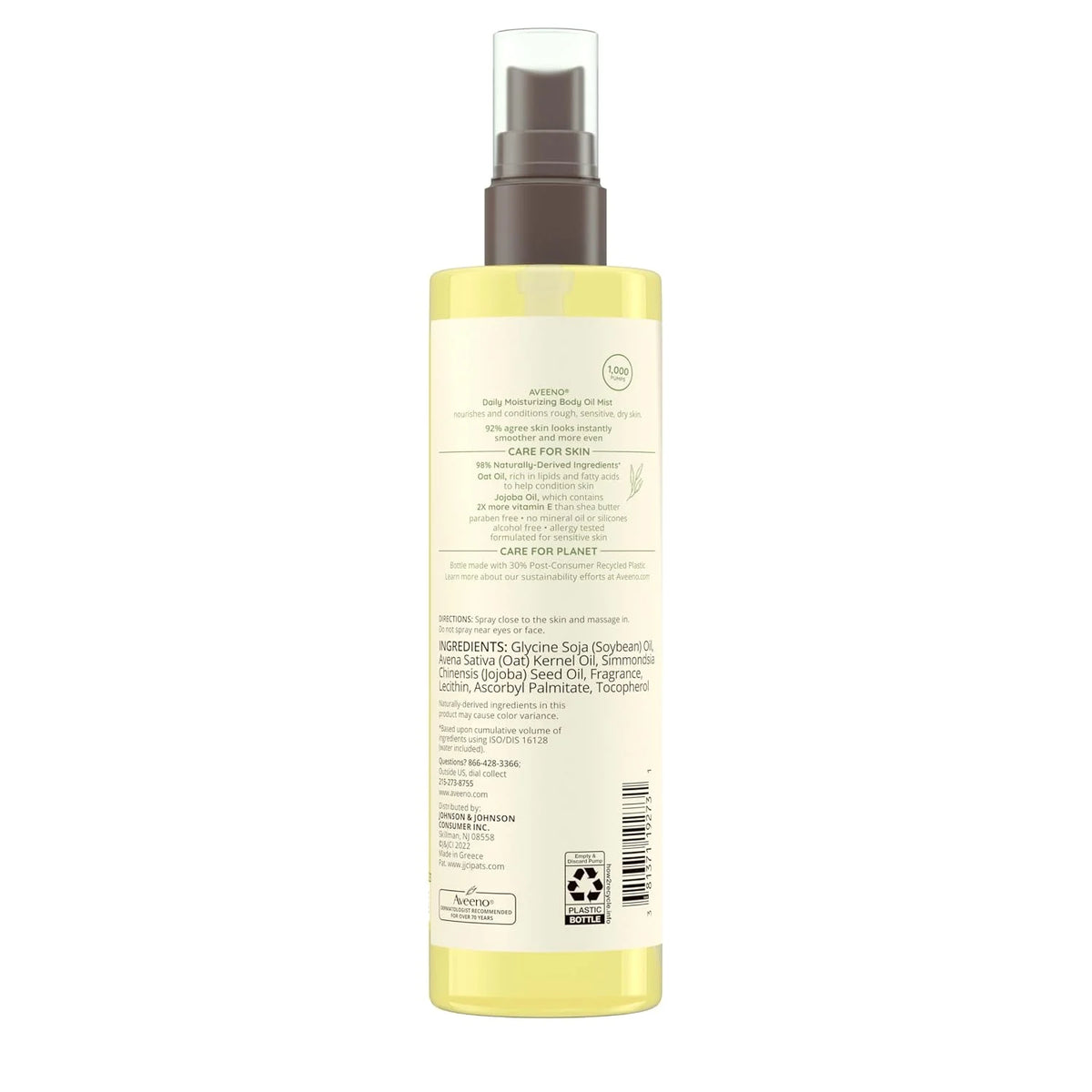 Aveeno Daily Moisturizing Body Oil Mist with Oat & Jojoba Oil for Dry Sensitive Skin,Nourishing Body Spray for Smoother Skin,Paraben-,Silicone- & Alcohol-Free,6.7 fl. oz,(Pack of 4)