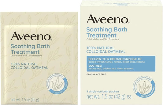 Aveeno Fragrance Free Soothing Bath Treatment, 100% Natural Colloidal Oatmeal, Sensitive Skin Bath Soak for Relief of Dry, Itchy, Irritated Skin Due to Eczema & Hives, Bath Packets, 8 ct. (Pack of 2)