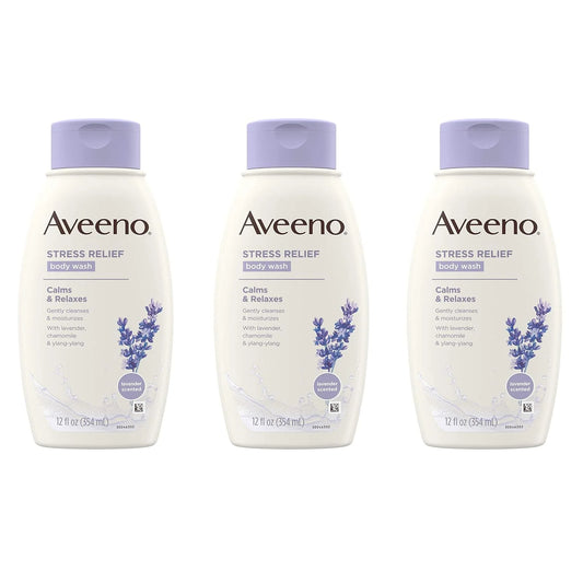 Aveeno Stress Relief Body Wash with Soothing Oat, Lavender, Chamomile & Ylang-Ylang Essential Oils, Hypoallergenic, Dye-Free & Soap-Free Calming Body Wash, 12 fl. Oz (Pack of 3)