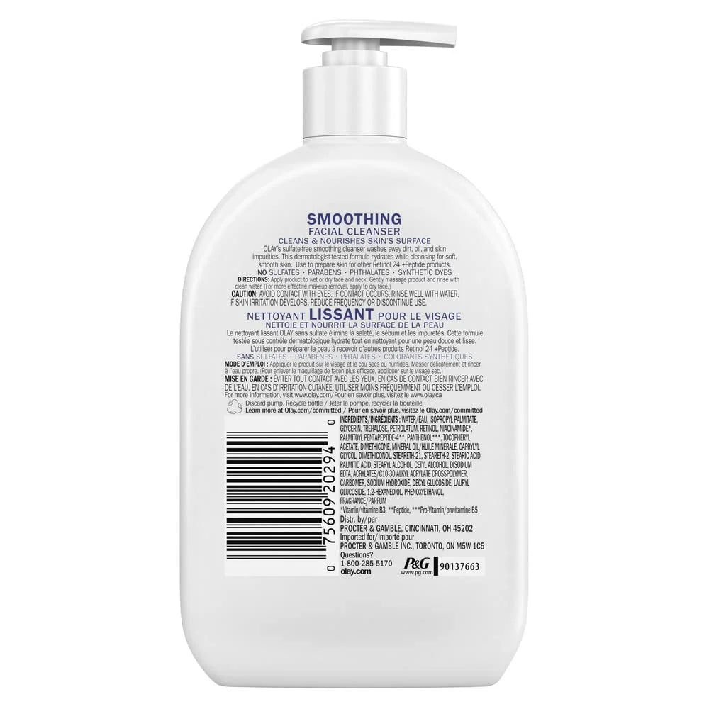 Olay Face Wash Daily Facial Cleanser with Retinol, Peptides and Glycerin, Smoothing and Hydrating Anti Aging Face Wash, Sulfate Free Cream Cleanser for Mature Skin, Daily Use, 16 Oz
