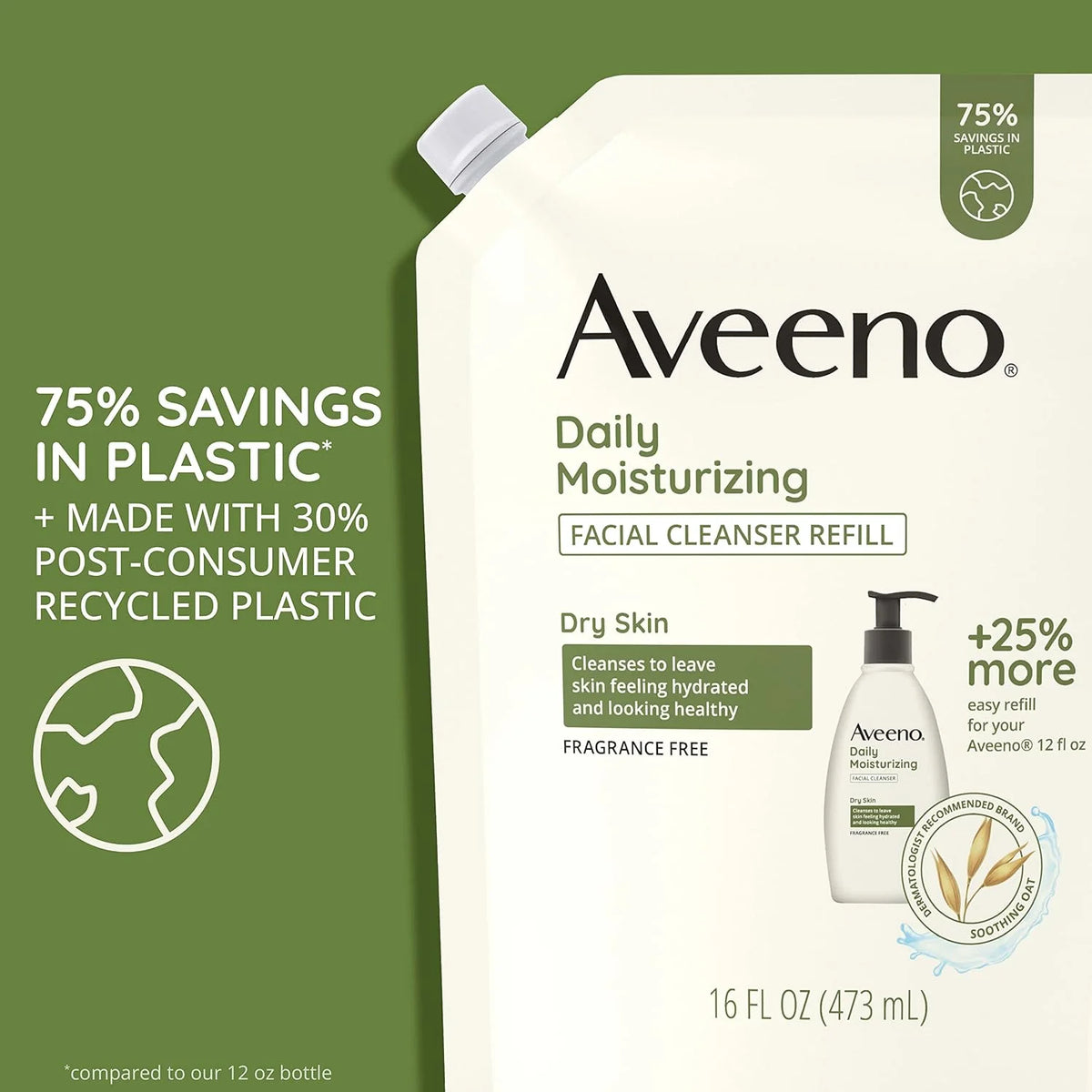Aveeno Daily Moisturizing Facial Cleanser with Soothing Non-GMO Oat, Leaves Skin Feeling Hydrated, Soft & Supple, Paraben-, Sulfate-, Fragrance-, Dye- & Soap-Free, Refill Pouch, 16 fl. oz (Pack of 3)
