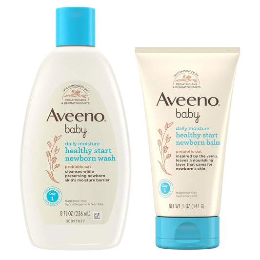 Bundle of Aveeno Baby Healthy Start Newborn Wash, Hypoallergenic Baby Body Wash with Prebiotic Oat, Fragrance-Free, 8 fl. oz + Newborn Balm, Baby Skin Balm with Prebiotic Oat , Fragrance-Free, 5 oz