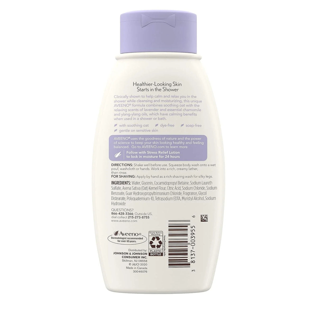 Aveeno Stress Relief Body Wash with Soothing Oat, Lavender, Chamomile & Ylang-Ylang Essential Oils, Hypoallergenic, Dye-Free & Soap-Free Calming Body Wash, 12 fl. Oz (Pack of 3)