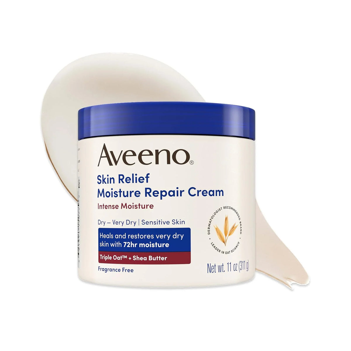 Aveeno Skin Relief Intense Moisture Repair Body Cream with Triple Oat &Shea Butter Formula,Moisturizing Cream Heals&Restores Very Dry Skin w/Long-Lasting Moisture,Fragrance-Free, 11 Ounce (Pack of 12)