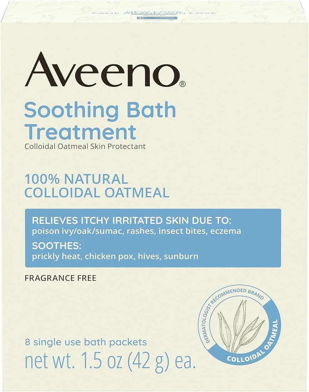 Aveeno Fragrance Free Soothing Bath Treatment, 100% Natural Colloidal Oatmeal, Sensitive Skin Bath Soak for Relief of Dry, Itchy, Irritated Skin Due to Eczema & Hives, Bath Packets, 8 ct. (Pack of 2)
