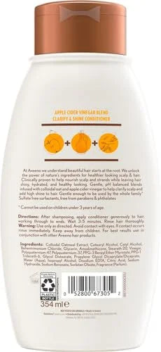 Aveeno Apple Cider Vinegar Sulfate-Free Conditioner for Balance & High Shine, Daily Moisturizing & Scalp Soothing Conditioner for Oily or Dull Hair, Paraben & Dye-Free, 12oz (Pack of 2)